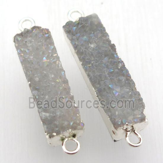 druzy quartz connector, rectangle, AB color, silver plated