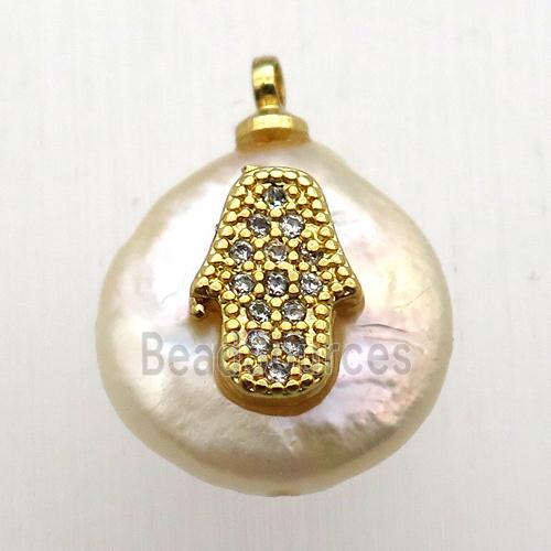 Natural pearl pendant with zircon, hamsahand