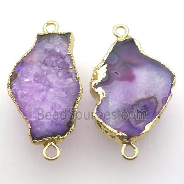 purple druzy agate connector, freeform, gold plated