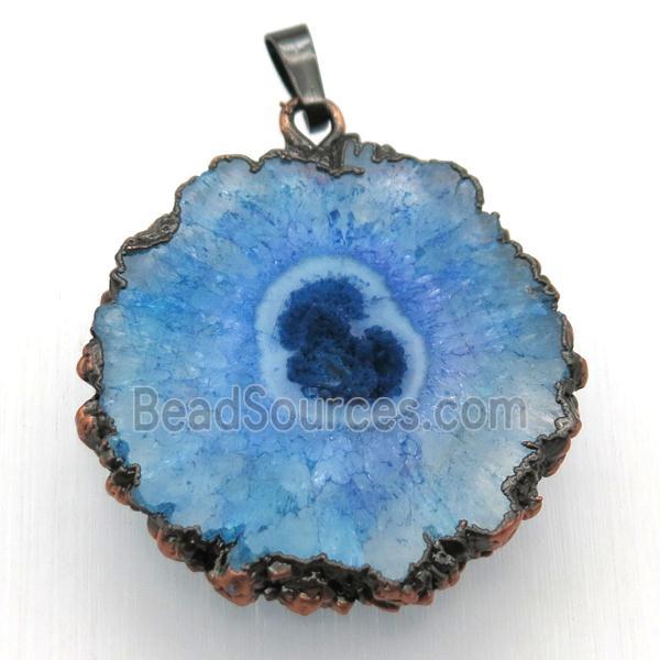 blue solar quartz Druzy pendant, freeform, Antique red