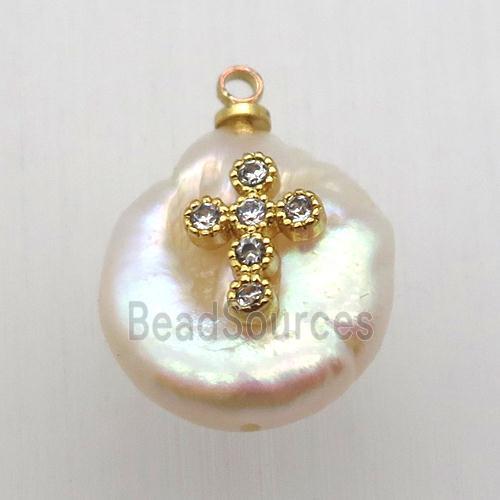 Natural pearl pendant with zircon, cross