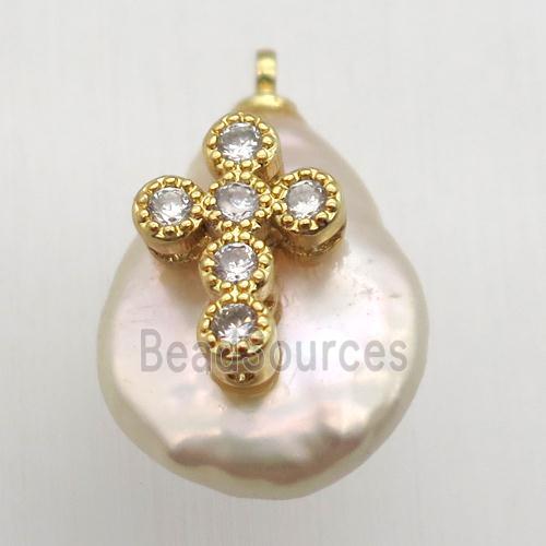 Natural pearl pendant with zircon, cross