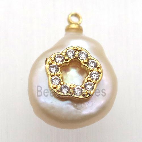 Natural pearl pendant with zircon, flower
