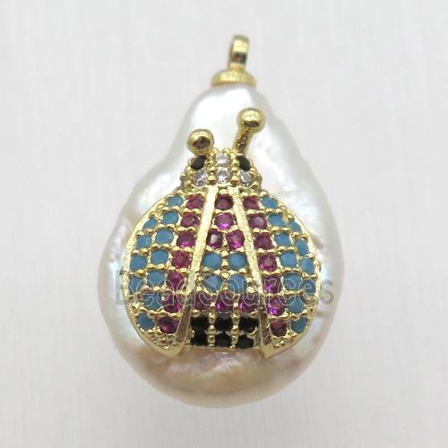 Natural pearl pendant with zircon, beetle