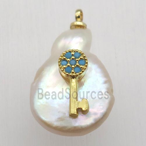 Natural pearl pendant with zircon, key