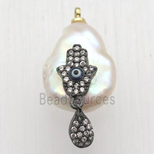 Natural pearl pendant with zircon, hamsahand