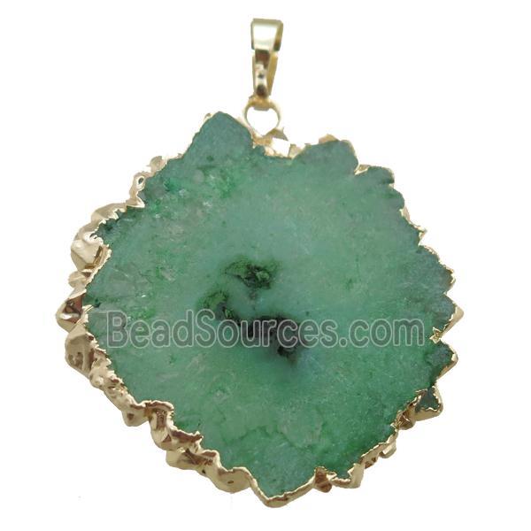 green Solar Quartz Druzy slab pendant, freeform, gold plated