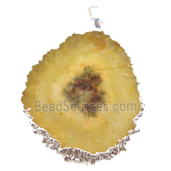 yellow Solar Quartz Druzy slab pendant, freeform, silver plated