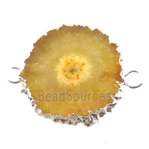 yellow Solar Quartz Druzy slab connector, freeform, silver plated