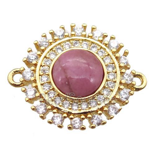 Rhodonite circle connector pave zircon, gold plated