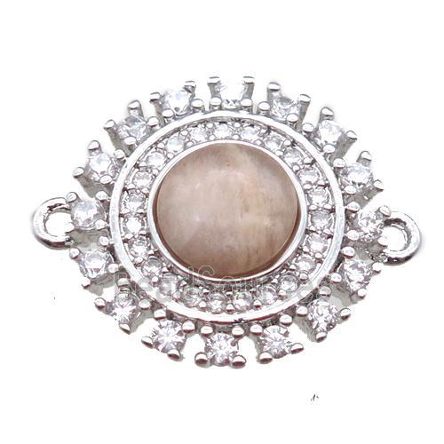 peach moonstone circle connector pave zircon, platinum plated