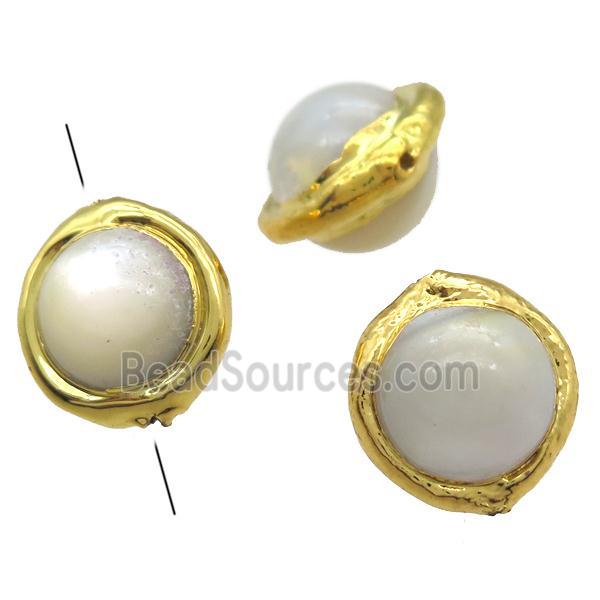 Mother of Pearl beads, round, gold plated