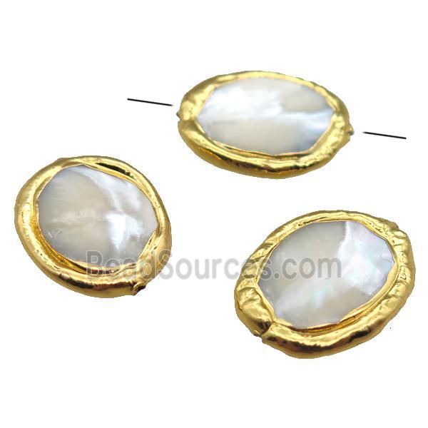 Mother of Pearl beads, oval, gold plated