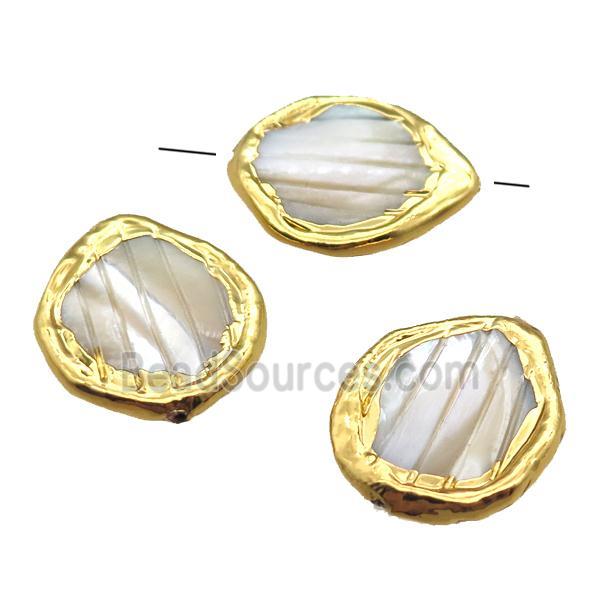 white Mother of Pearl beads, teardrop, gold plated