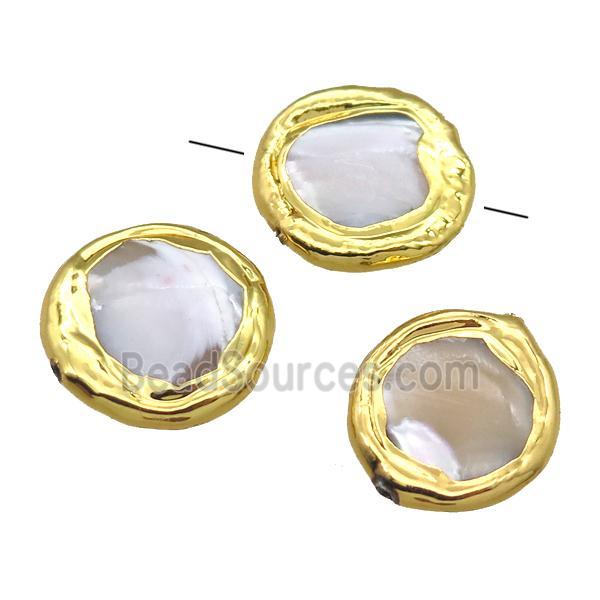 Mother of Pearl beads, circle, gold plated