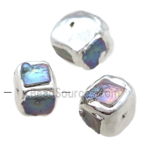 natural pearl beads, cube, silver plated