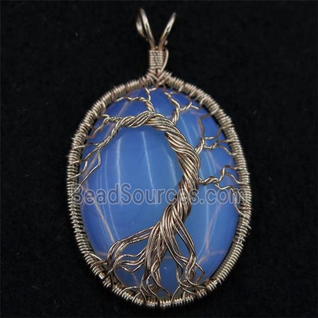 White Opalite Oval Pendant Tree Of Life Wire Wrapped Rose Gold