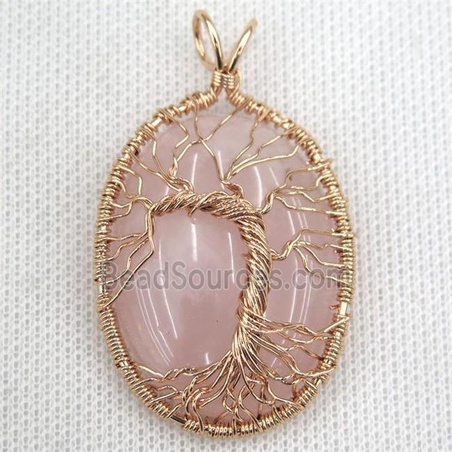 Rose Quartz Oval Pendant Tree Of Life Wire Wrapped Rose Gold
