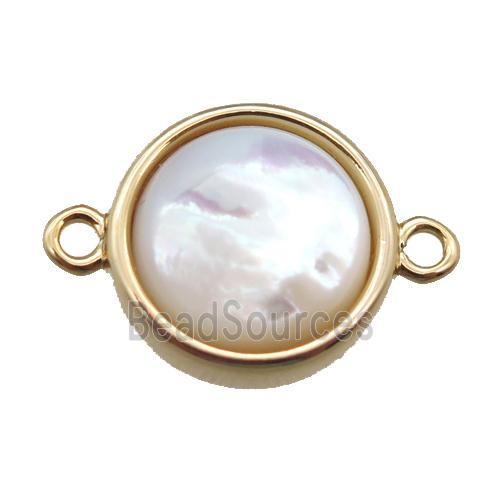 white pearlized Shell circle connector, gold plated