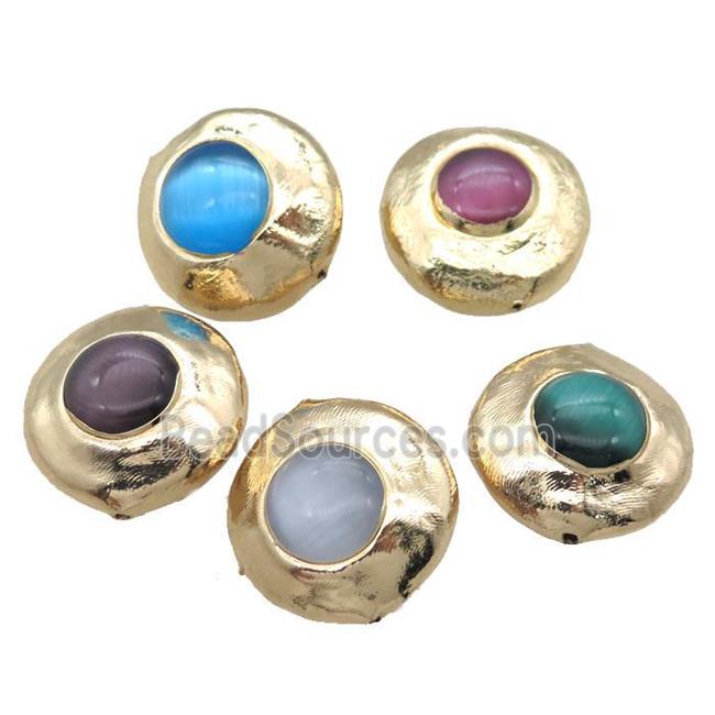 cats eye beads, coin round, gold plated