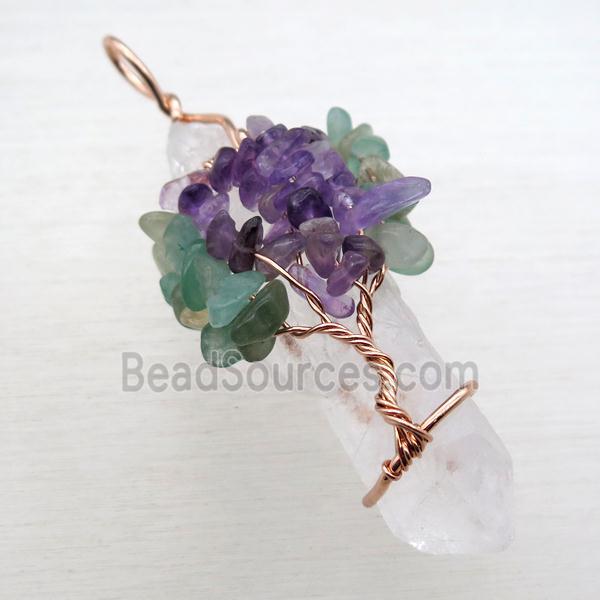 Clear Quartz Chakra Pendant Tree Of Life Wire Wrapped Rose Gold