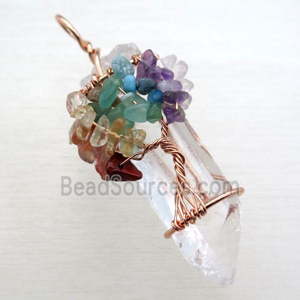 Clear Quartz Chakra Pendant Tree Of Life Wire Wrapped Rose Gold