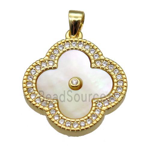 yellow pearlized shell clover pendant with copper pave zircon, gold plated