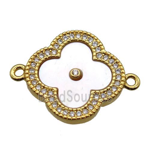 white pearlized shell clover connector with copper pave zircon, gold plated