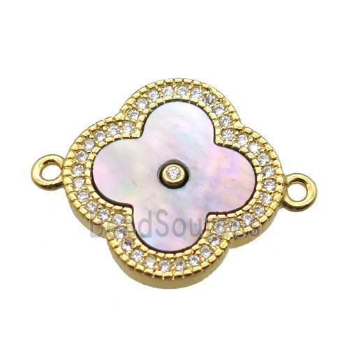 pink Queen shell clover connector with copper pave zircon, gold plated