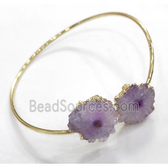 purple druzy quartz bangle, copper, gold plated