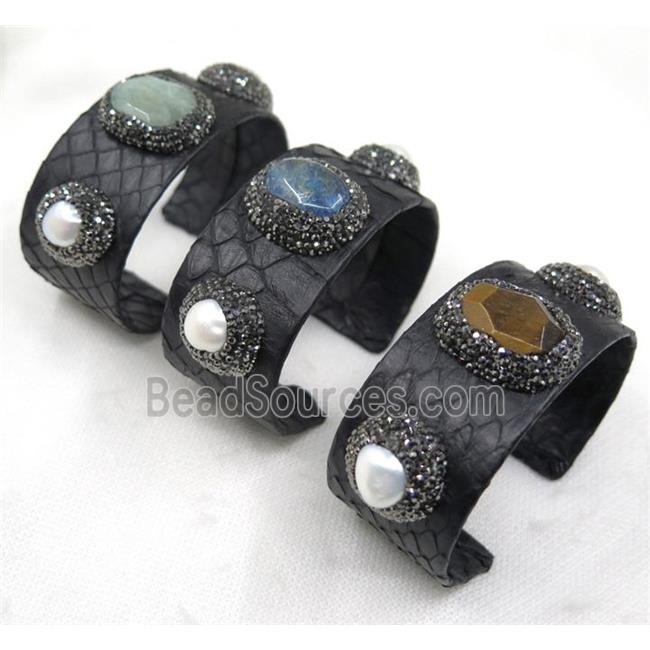 mix gemstone cuff bangle pave rhinestone, black snakeskin, alloy