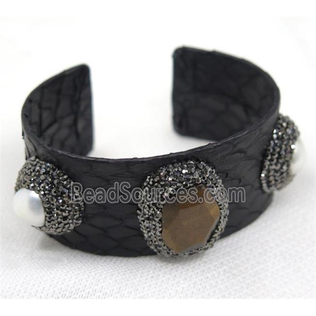 mix gemstone cuff bangle pave rhinestone, black snakeskin, alloy