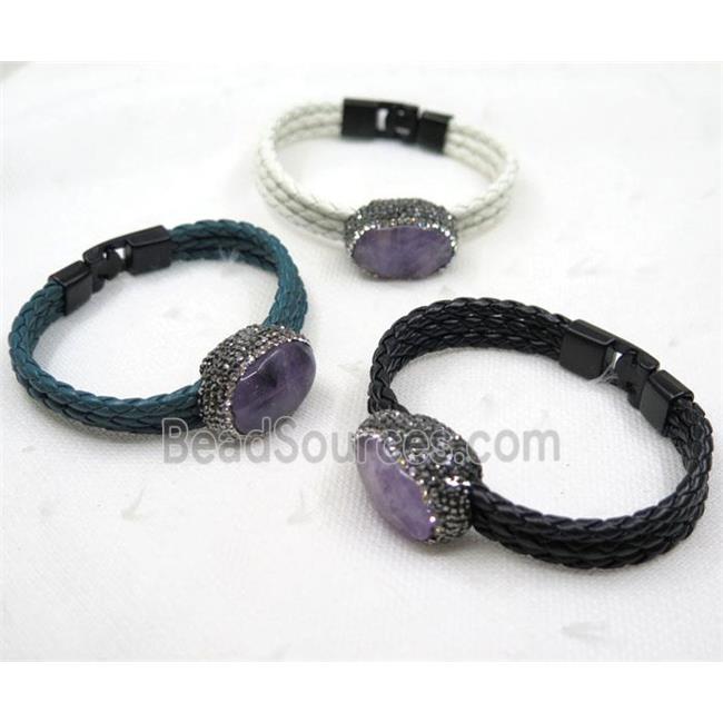 Amethyst pave rhinestone, PU leather cuff bracelet, mixed color