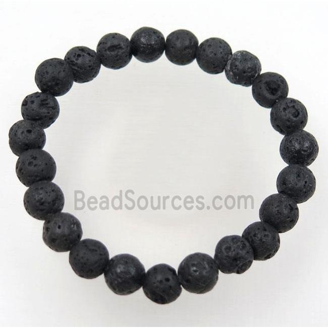 black lava stone bead bracelet, round, stretchy