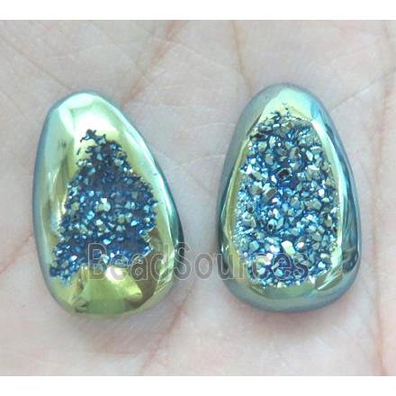 druzy agate cabochon, teardrop, green electroplated