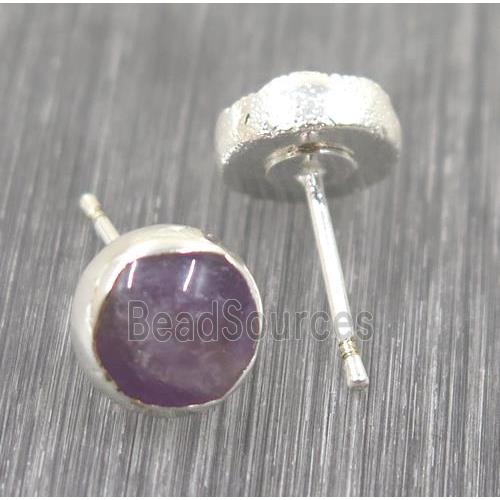 Amethyst earring studs, circle, 925 silver plated