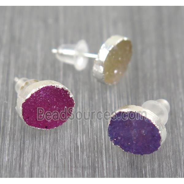 Druzy agate earring studs, mix color, 925 silver plated