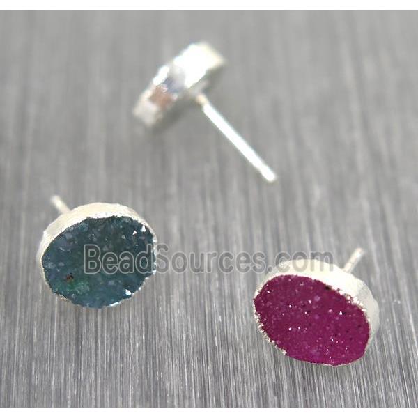 Druzy agate earring studs, mix color, 925 silver plated