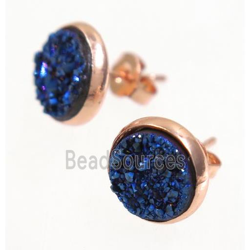 blue druzy agate earring studs, rose gold