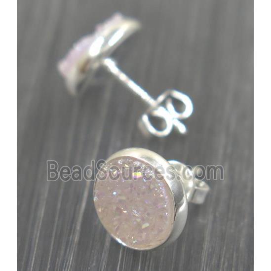 white AB-color druzy agate earring studs, silver plated