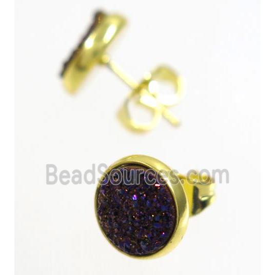 purple druzy agate earring studs, gold plated