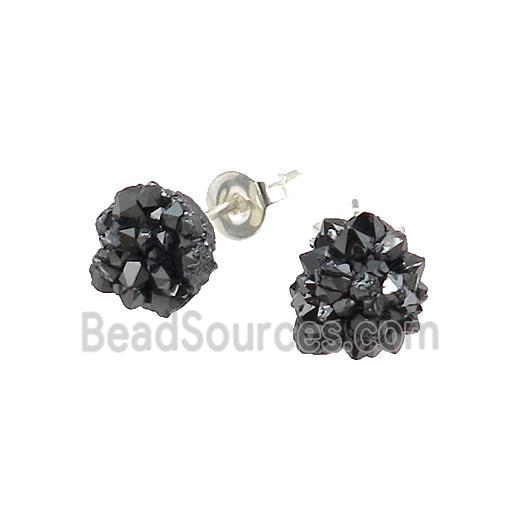 black druzy agate earring studs, silver plated