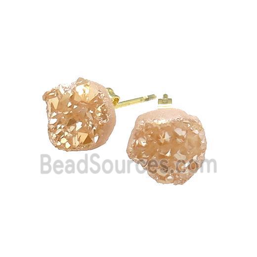 gold champagne druzy agate earring studs, gold plated