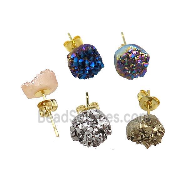 druzy agate earring studs, mix color, gold plated