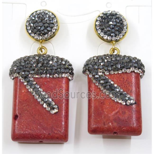 red coral earring paved rhinestone, rectangle