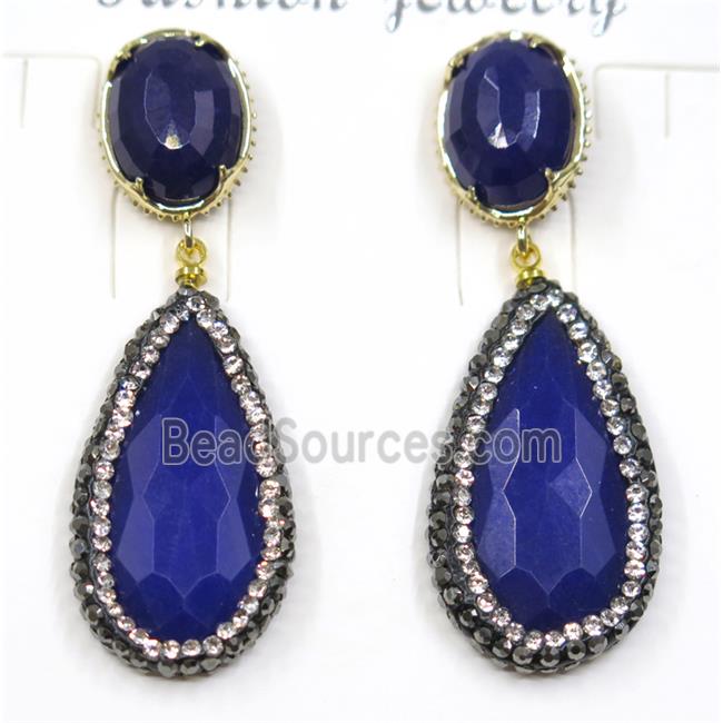 blue jade earring pave rhinestone, teardrop