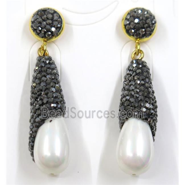 white pearl shell earring pave rhinestone