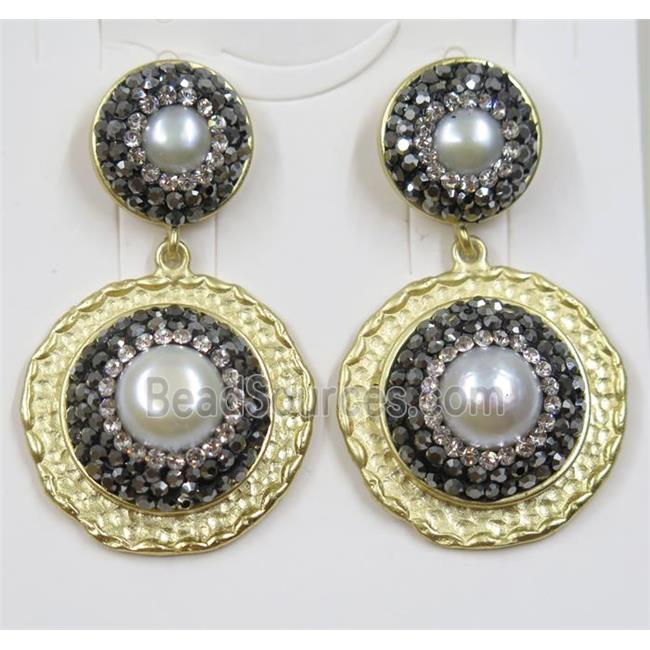 white freshwater Pearl earring pave rhinestone, alloy, gold plated