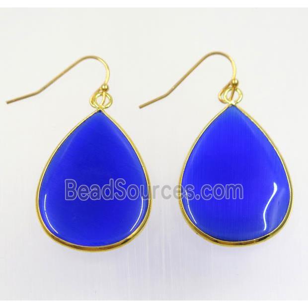 blue glass Earring, teardrop, gold plated