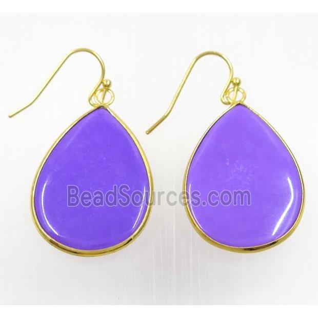 purple glass Earring, teardrop, gold plated